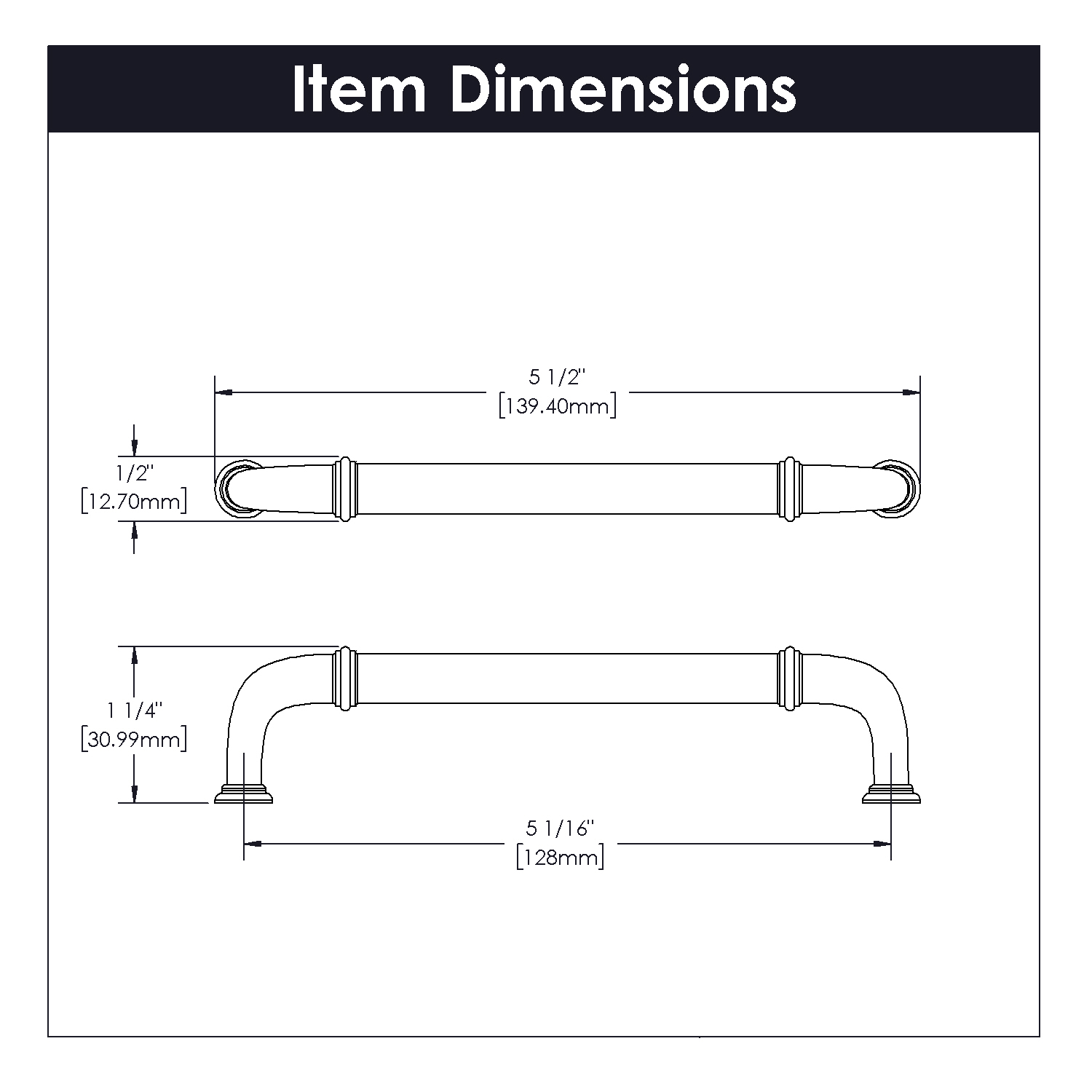 Technical drawing of vintage bronze cabinet pull showing detailed dimensions for hardware and furniture accessories under $50