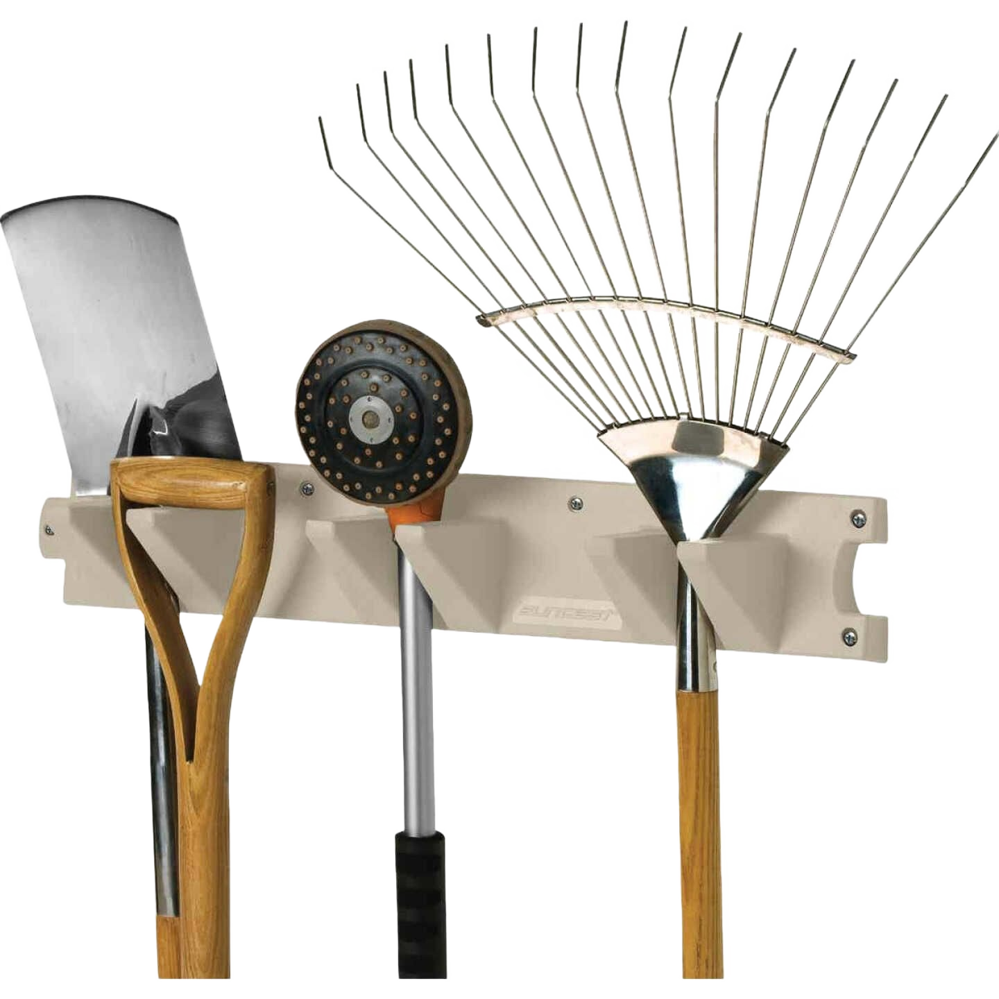 Beige long handle tool rack with hooks holding garden tools for hardware and storage organization under $50 collections