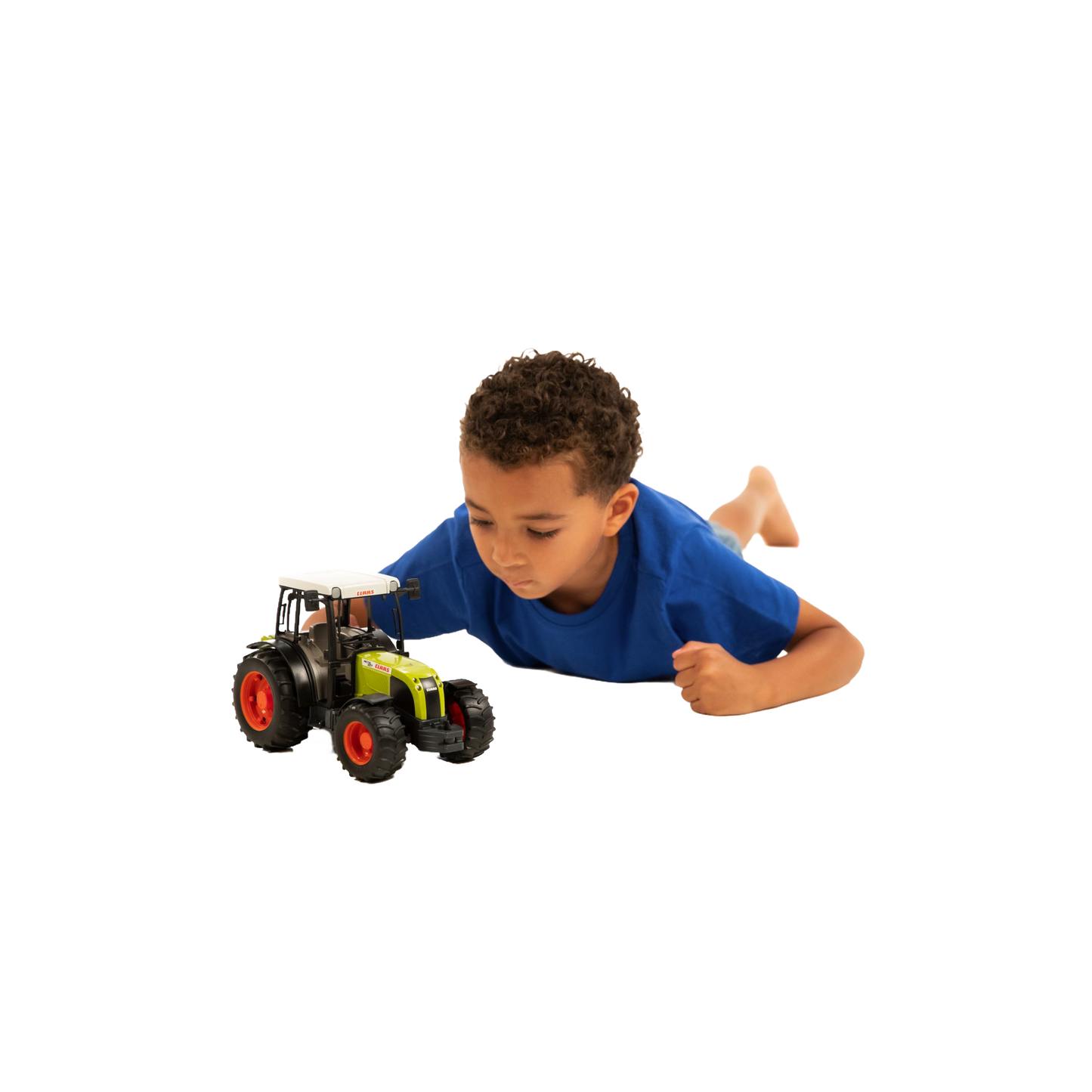 Young boy in blue shirt playing with green and black Bruder Claas Nectis 267 F Tractor toy from Vehicles & Remote Controlled Toys collection