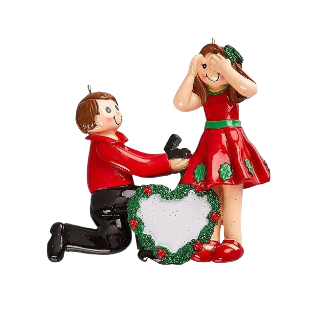 Figurine ornament of man proposing to woman in red dress with festive wreath heart from Christmas Ornaments & Tree Decorations collection