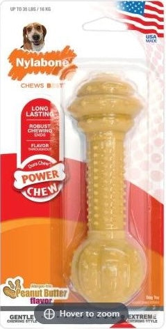 Durable peanut butter-flavored dog chew toy shaped like a barbell for strong chewers in pet care collections