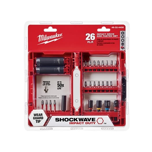 Red and black Milwaukee SHOCKWAVE 26-piece impact driver bit and fastener set in clear plastic case for tool accessories.