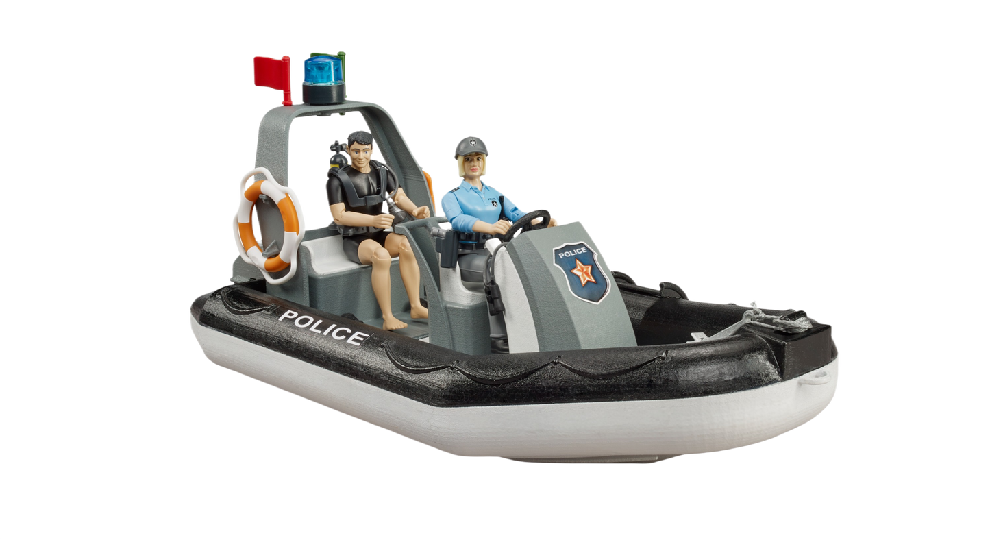 Small police patrol boat toy with two officer figures seated for imaginative rescue missions and role play.