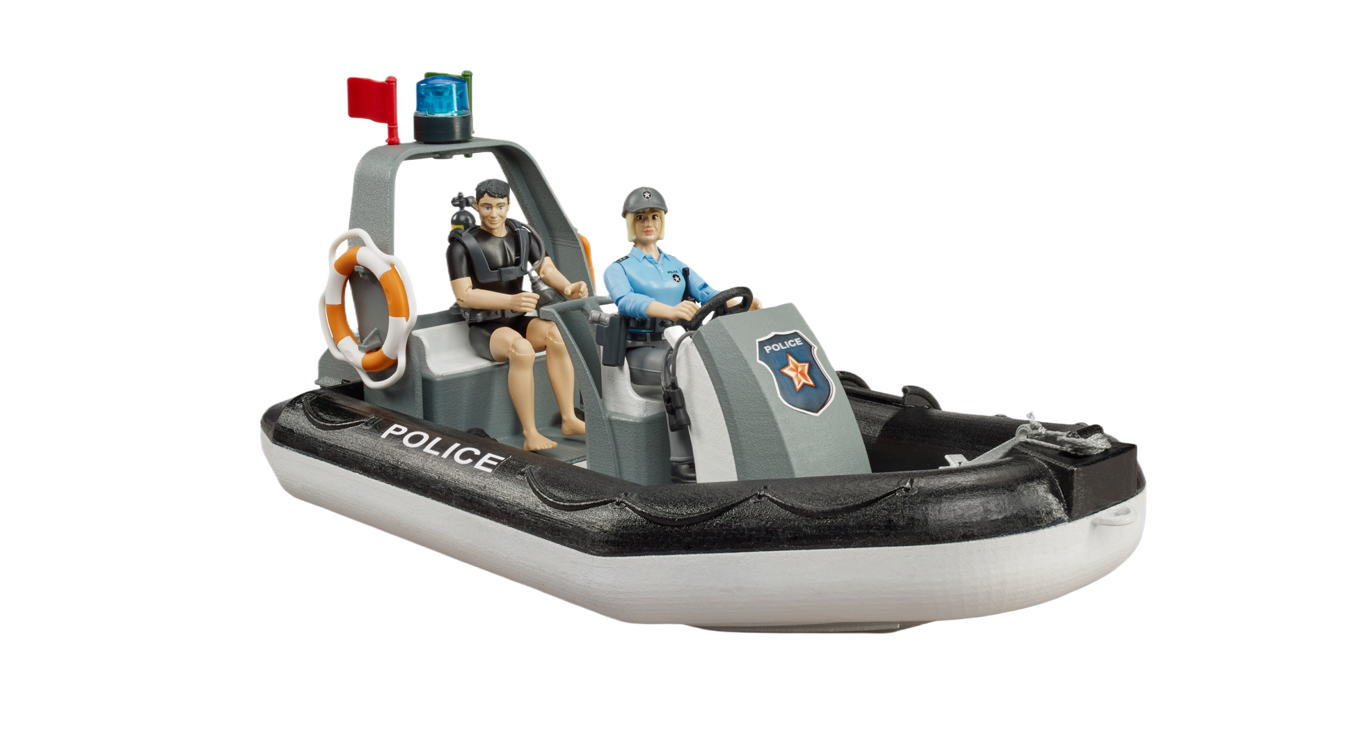 Small police patrol boat toy with two officer figures seated for imaginative rescue missions and role play.