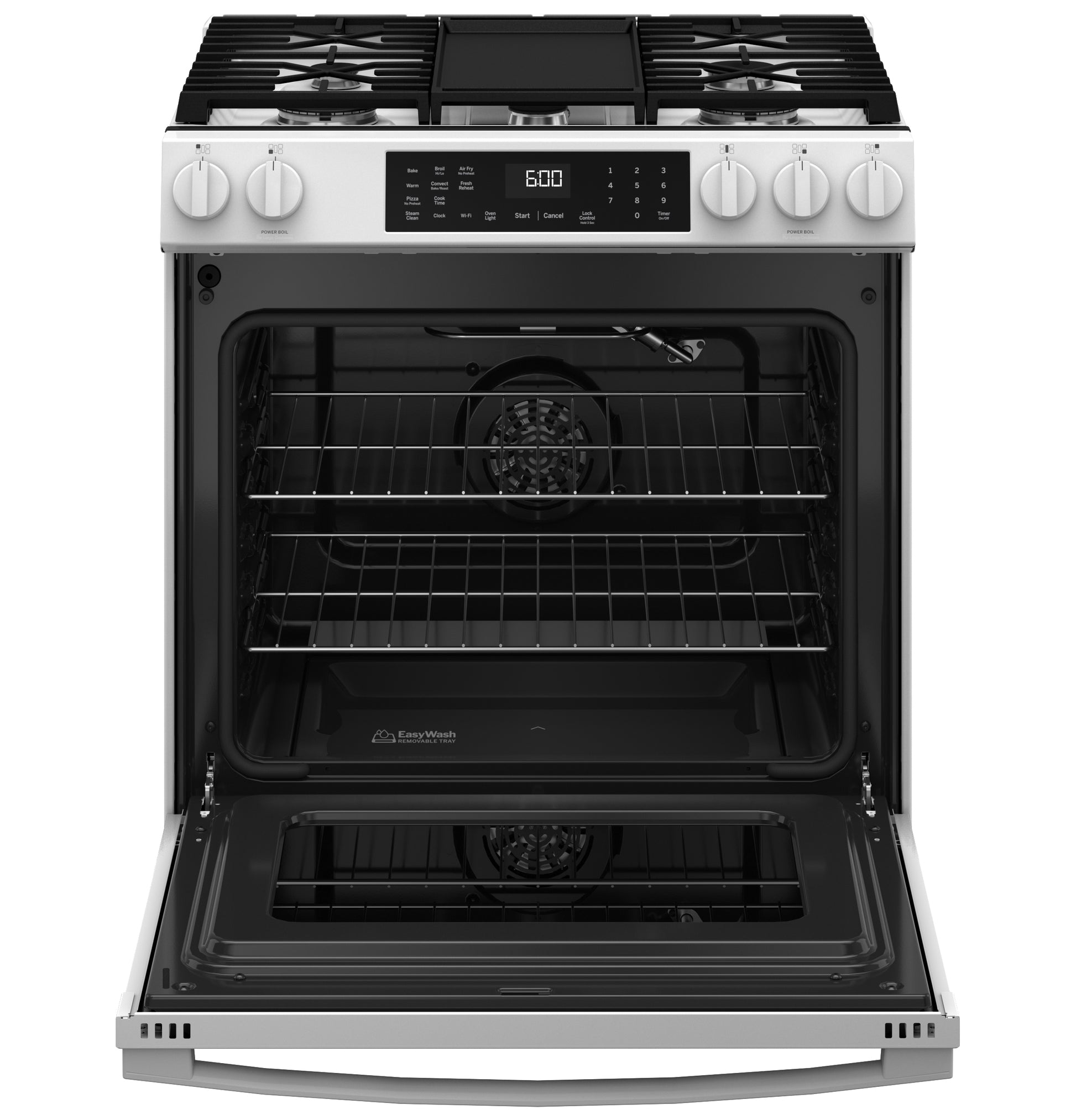 Front view of stainless steel slide-in gas range with open convection oven and digital control panel in kitchen appliances collection