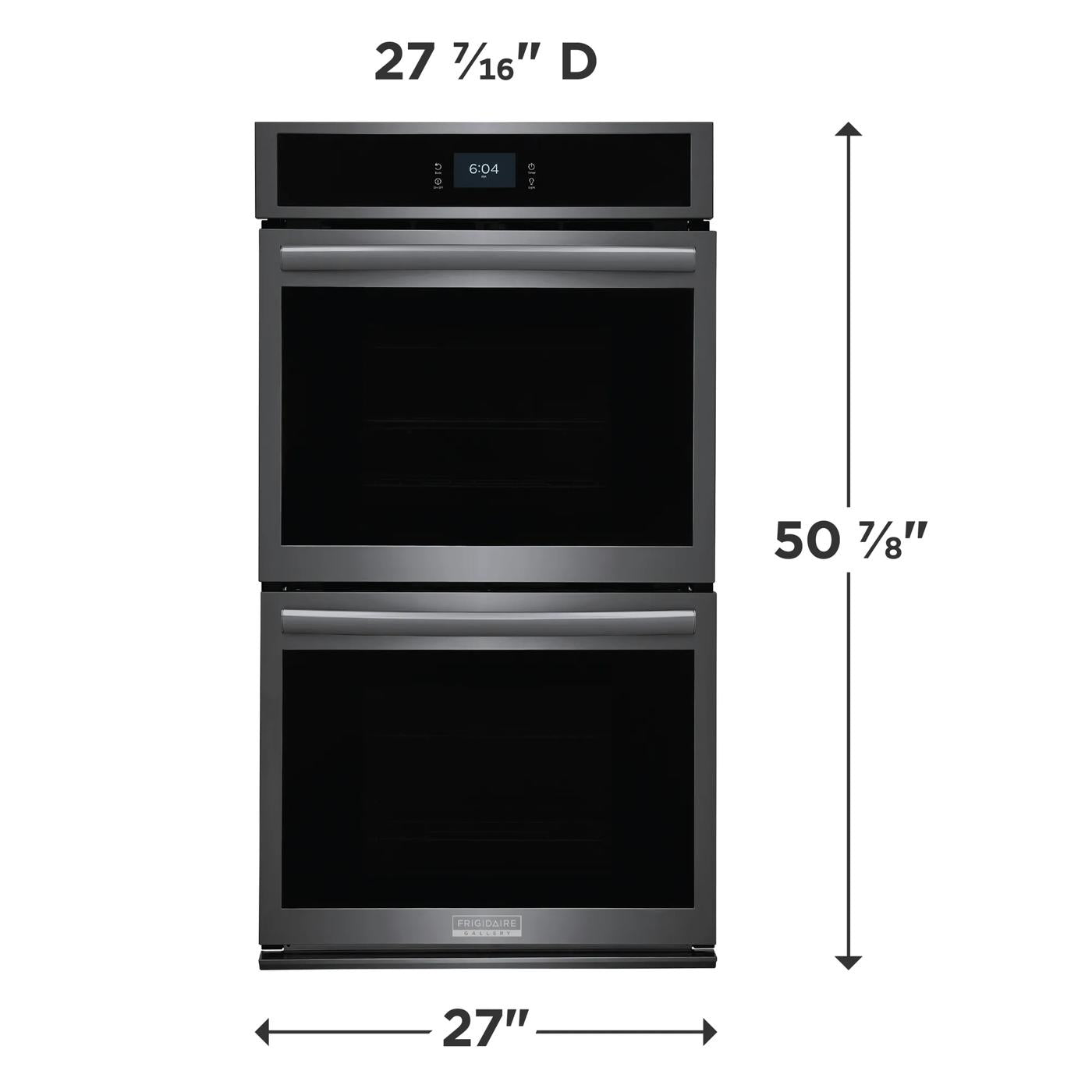 Front view of a stainless steel double electric wall oven with digital display in Appliances and Wall Ovens collections