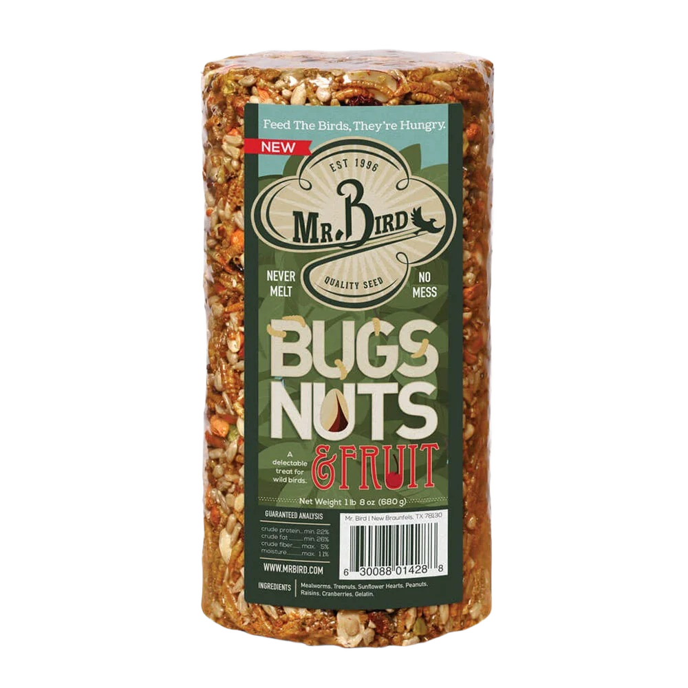 Cylinder bird feeder with mixed nuts, seeds, and dried fruit designed for outdoor feeding stations