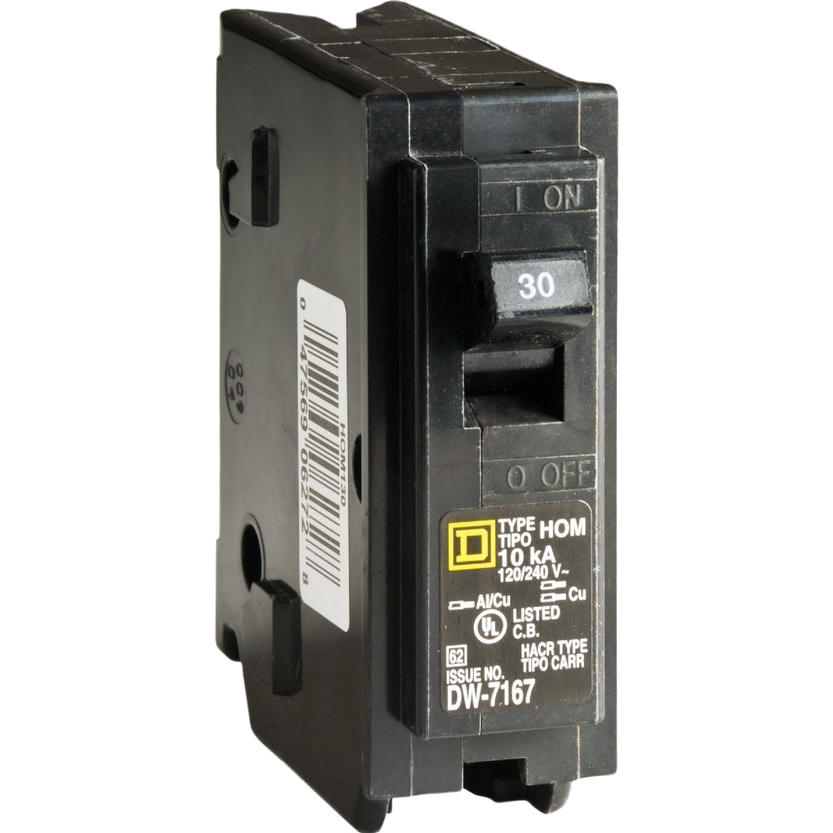 Black 30-amp single-pole circuit breaker switch with toggle and electrical rating label for home improvement use