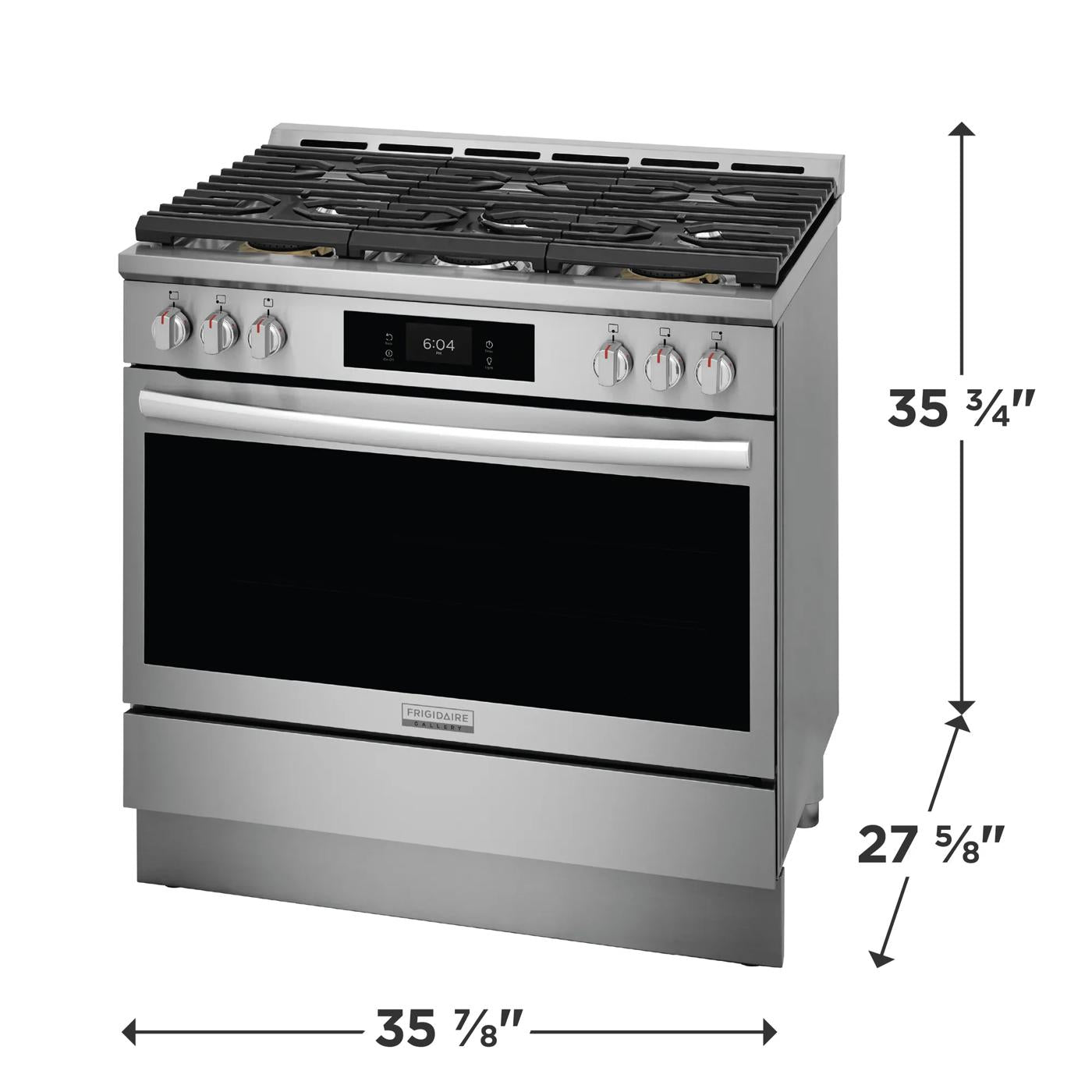 Stainless steel 36-inch gas range with six burners and digital display from ranges and kitchenware collection
