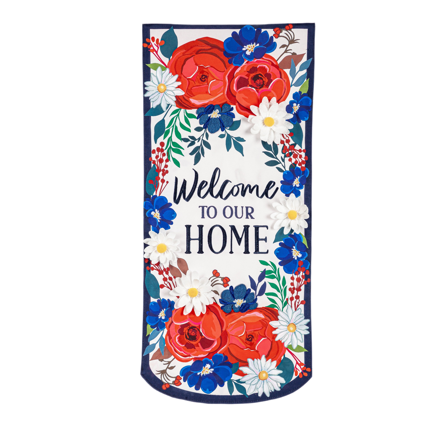 Outdoor fabric flag with colorful red, blue, and white floral design and welcoming home message for garden decor