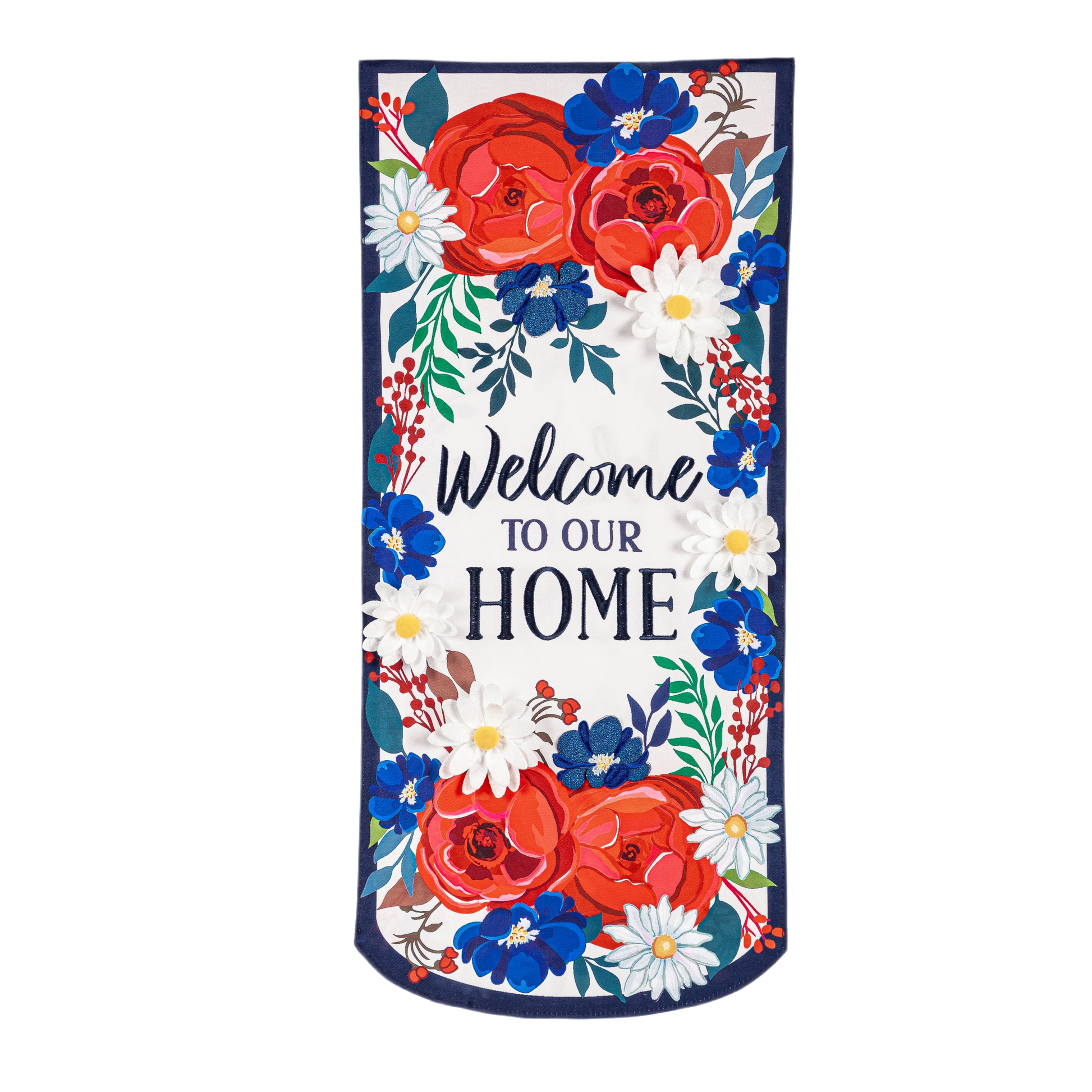 Outdoor fabric flag with colorful red, blue, and white floral design and welcoming home message for garden decor