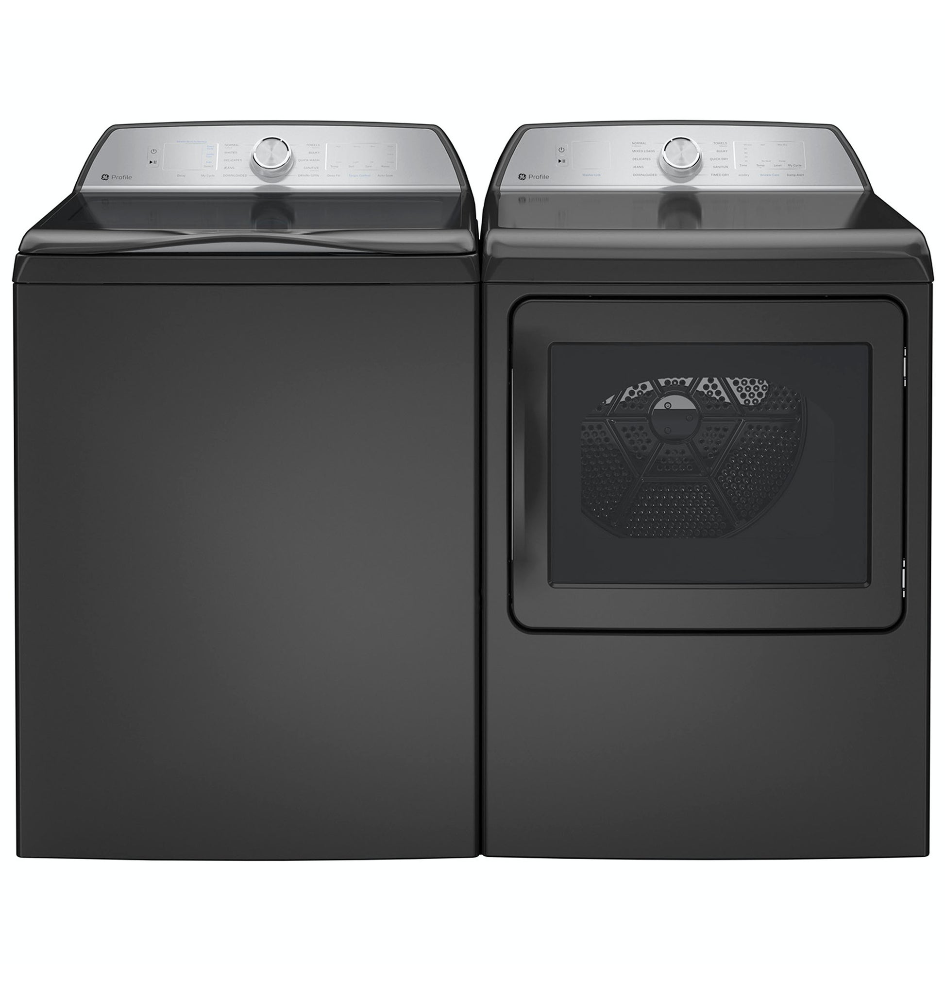 Pair of black top load washer and front load dryer with digital controls and sleek modern design for home laundry