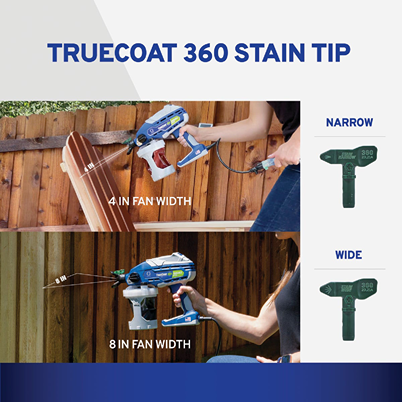 Graco TrueCoat 360 stain spray tips showing 4-inch and 8-inch fan widths for home improvement tools under $50
