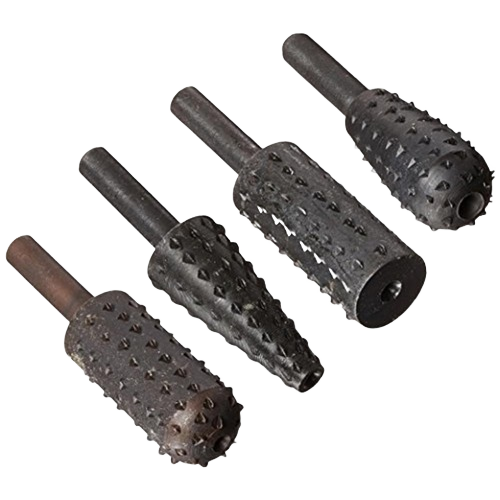 Set of four black rotary rasp attachments with varied shapes for woodworking and home improvement tasks