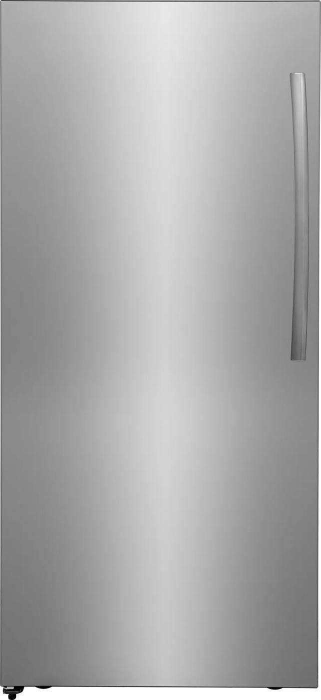 Minimalist front view of a stainless steel upright freezer with a curved handle, ideal for freezers and kitchen appliance collections.