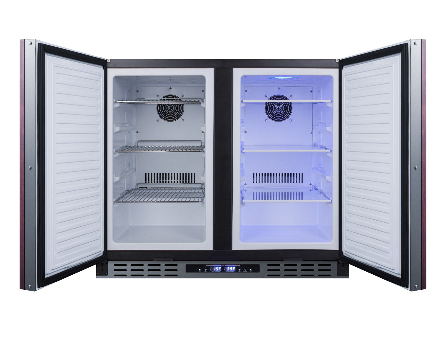 Open built-in dual compartment refrigerator-freezer with adjustable shelves and blue interior lighting in Refrigerators collection