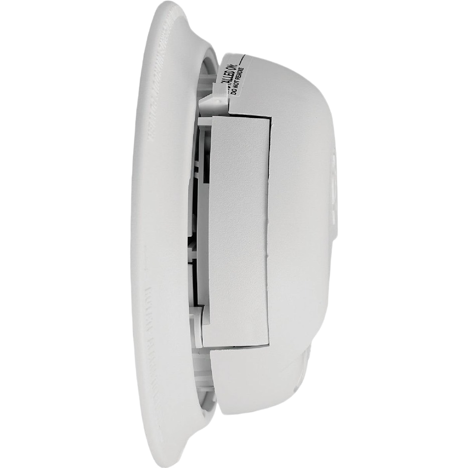 Side profile of a white hardwired ionization smoke alarm with interconnect feature for home safety and fire detection.