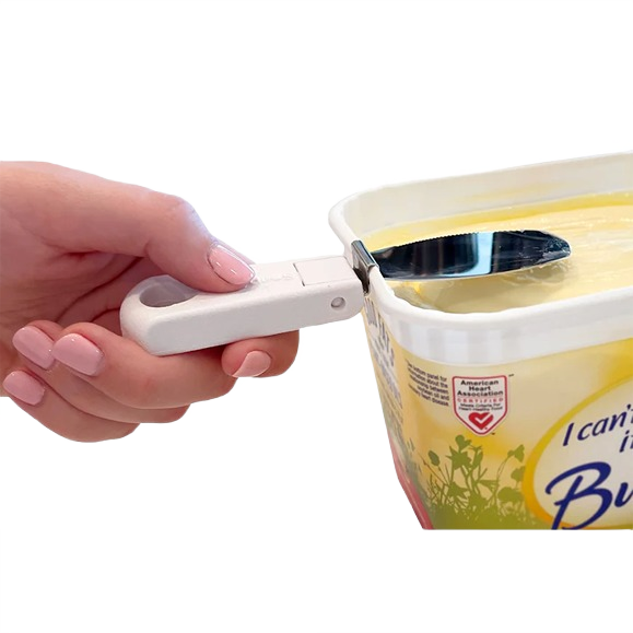 White collapsible handle butter knife clipped to yellow plastic spreadable butter tub in kitchen gadgets collection under $50