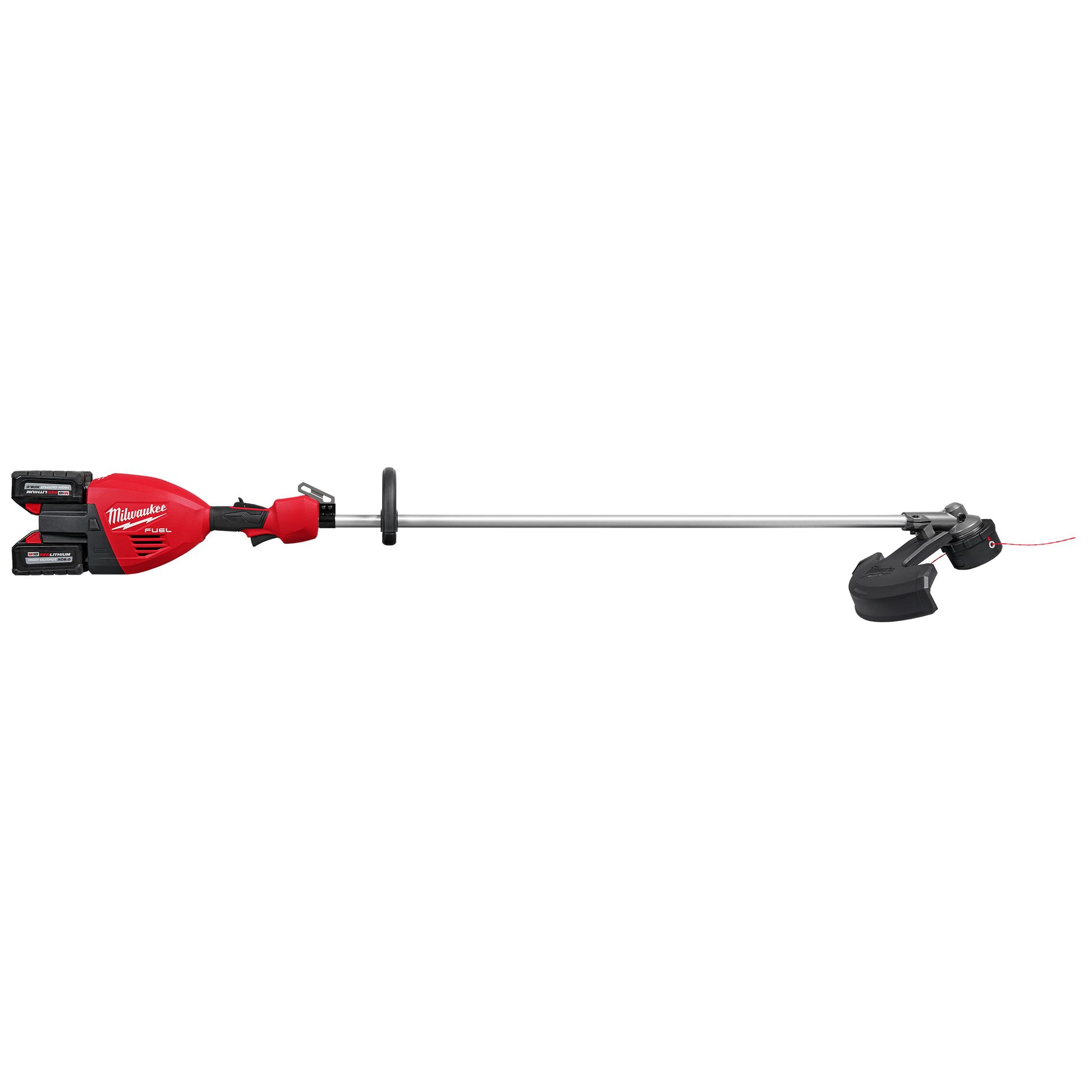 Red and black cordless 17-inch dual battery string trimmer for professional lawn care from Milwaukee Outdoor Power Equipment