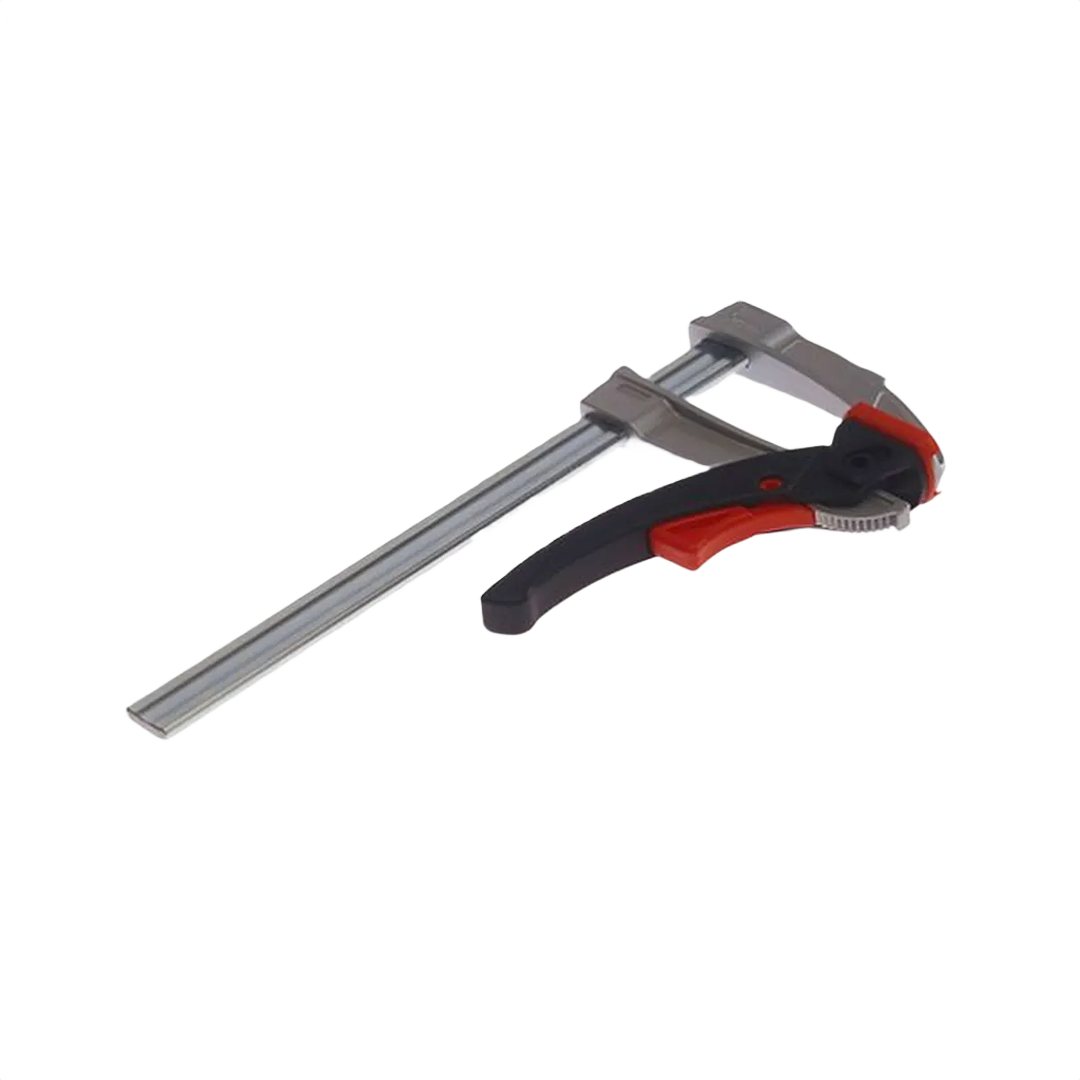 Light duty lever clamp with black and red handle and metal bar for woodworking and home improvement tasks