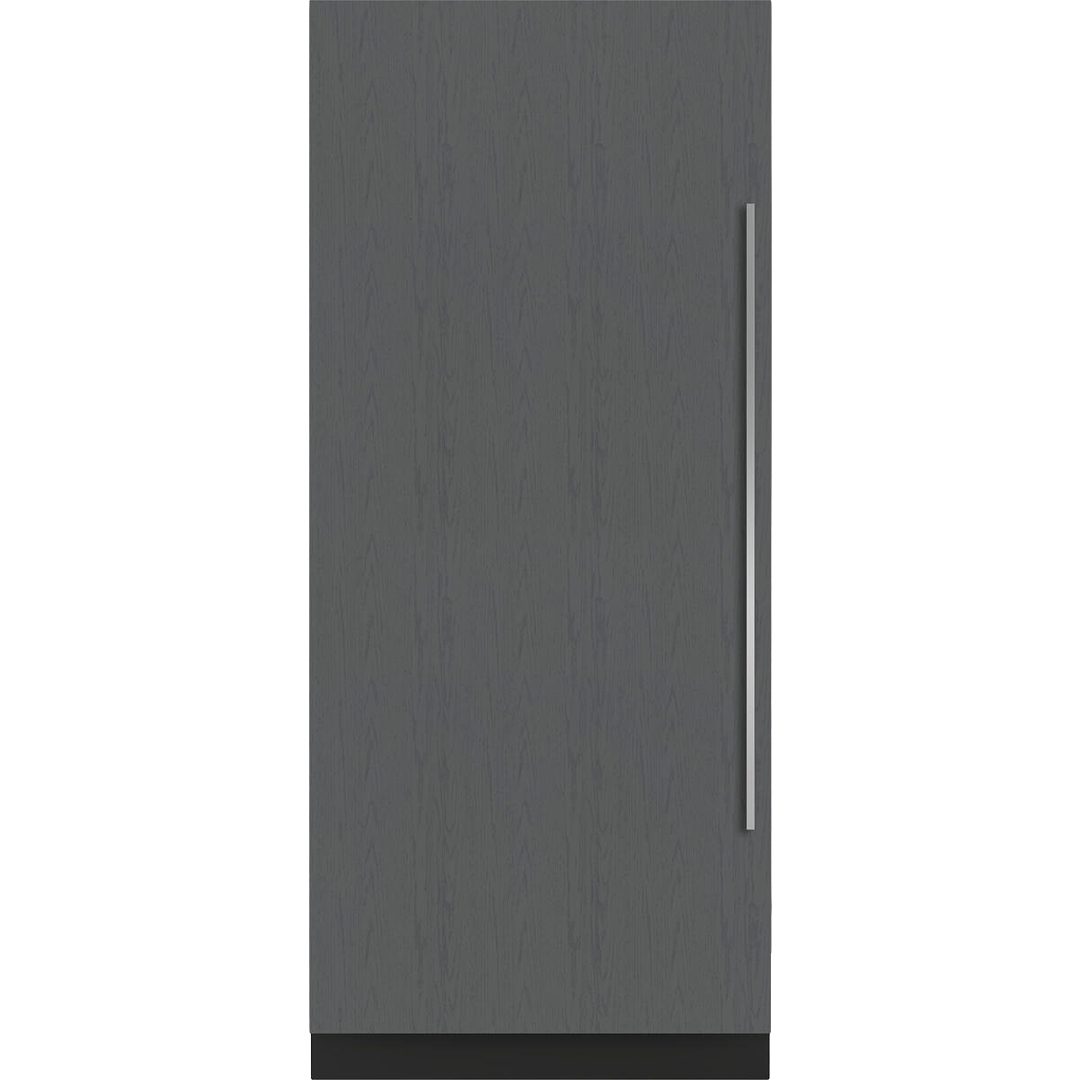 Tall built-in column refrigerator with dark wood finish door and long vertical stainless steel handle for kitchen appliances