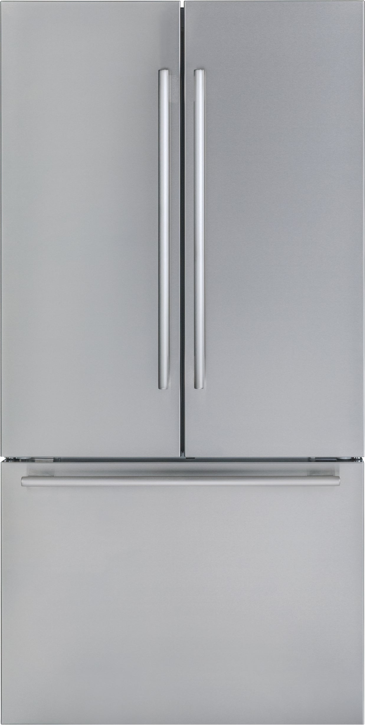 Stainless steel French door refrigerator with bottom freezer drawer, sleek handles, featured in Refrigerators and Appliances collections