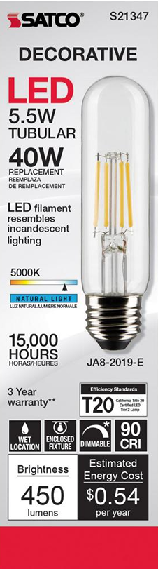 Clear tubular LED bulb with natural light, medium base, and LED filament for lighting and electrical collections under $50