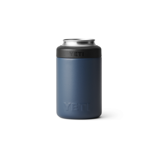 Blue YETI insulated can holder with black top, designed to keep 12-ounce beverages cold longer in drinkware collections