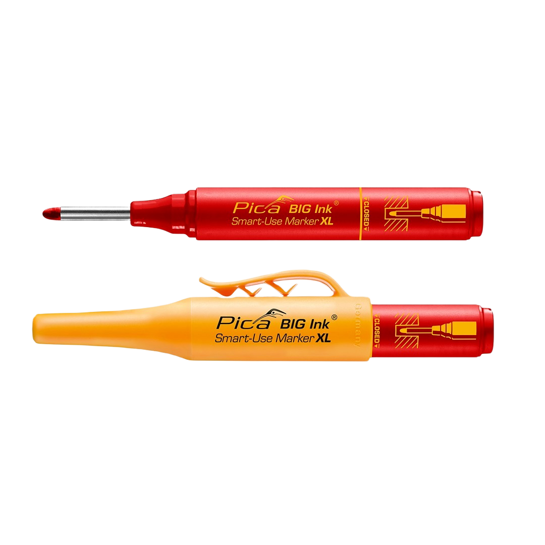 Red Pica BIG Ink Smart-Use Marker XL with extended tip and protective orange cap for woodworking and measuring tools collections