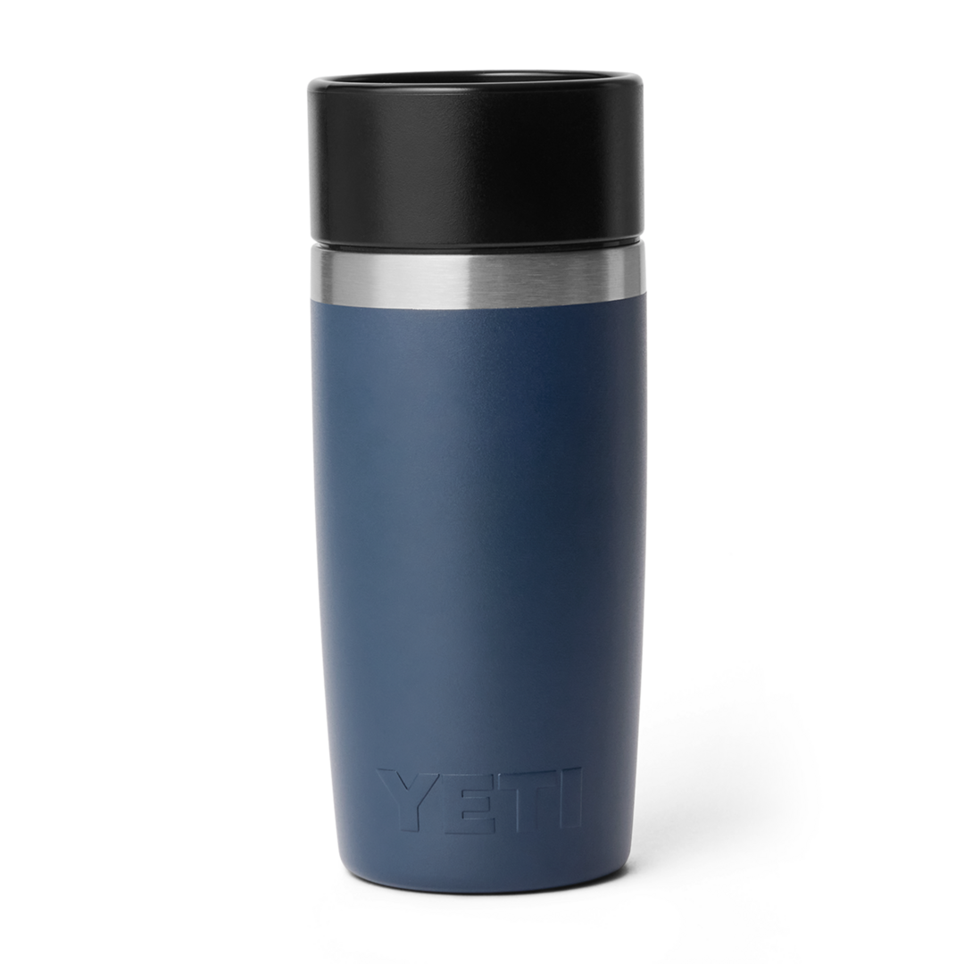 Blue stainless steel insulated 12 oz travel bottle with black lid from drinkware and kitchenware collections under $100