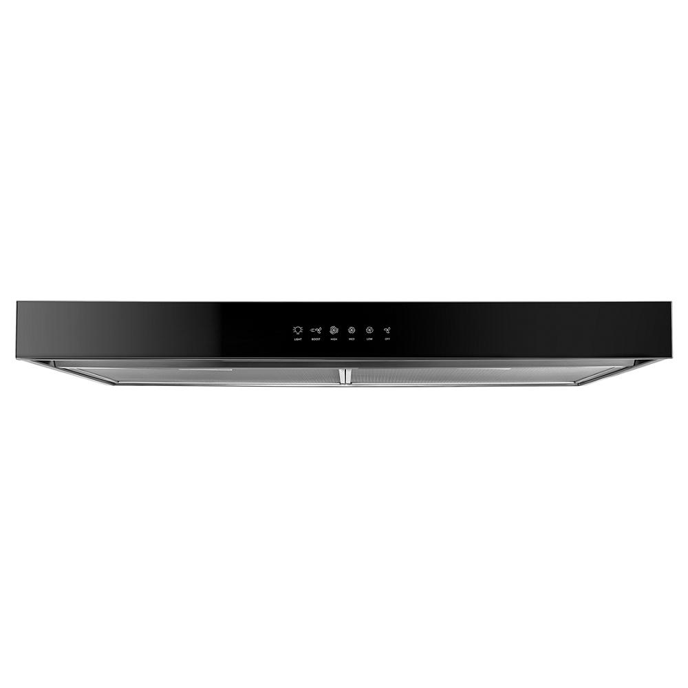 sleek black over-the-range hood with touch controls and LED lighting for kitchen ventilation and home improvement