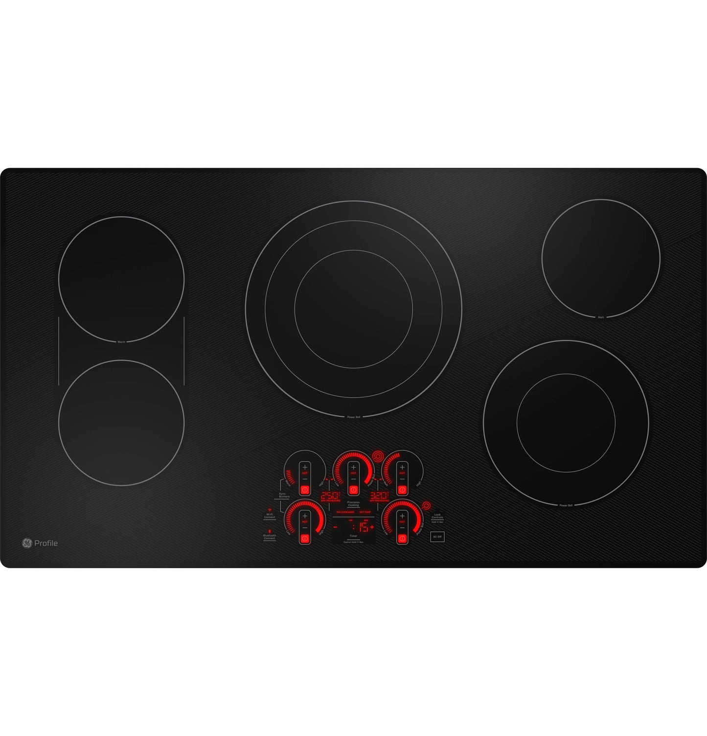 Black 36-inch built-in electric cooktop with five cooking zones and red LED touch controls from Cooktops collection