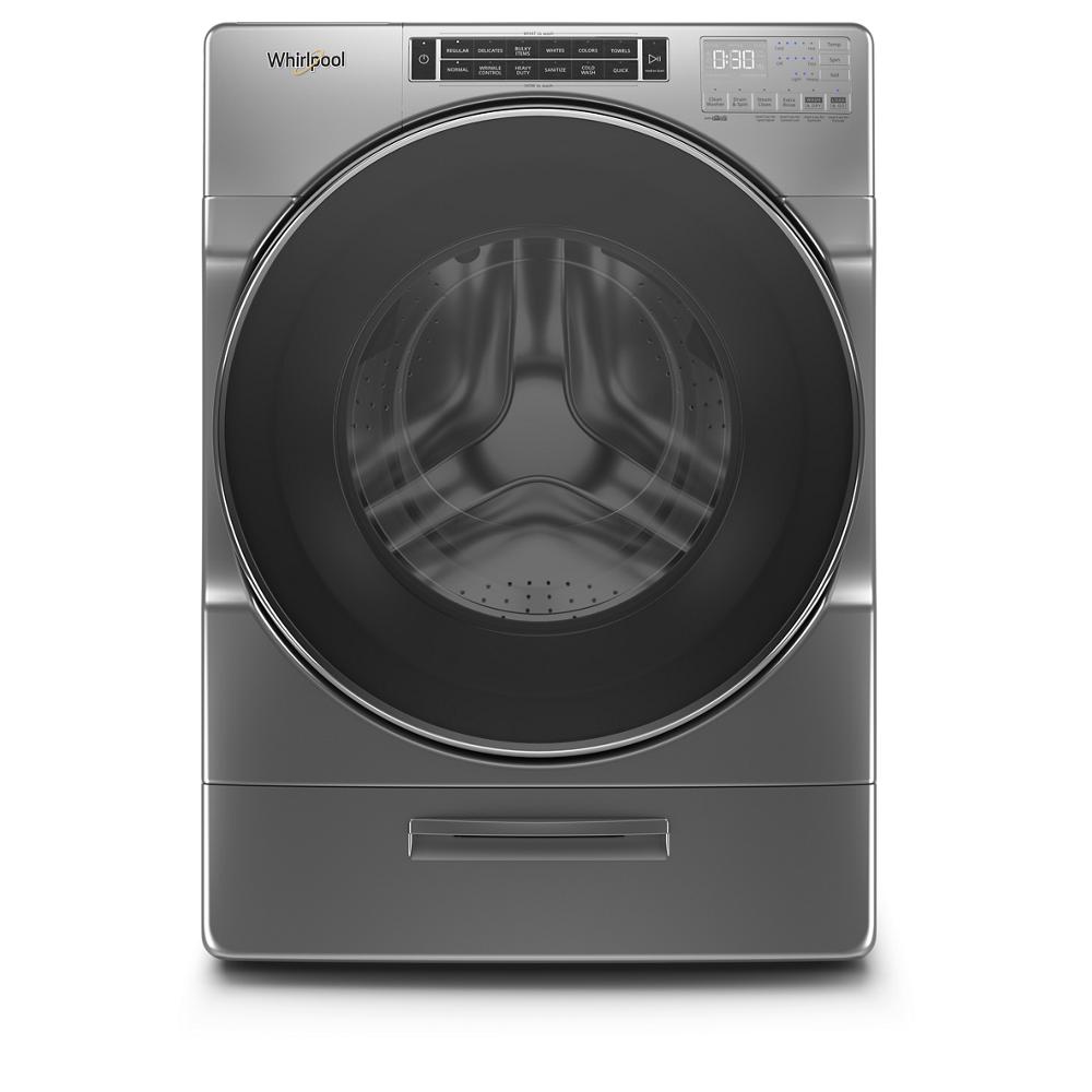 Front view of gray front load washer with digital control panel and large door in washers and appliances collection
