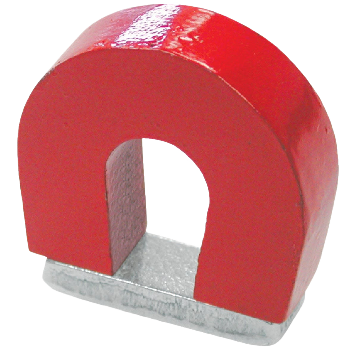 Red horseshoe-shaped magnet with silver base designed for metal pickup in hardware and office supplies collections