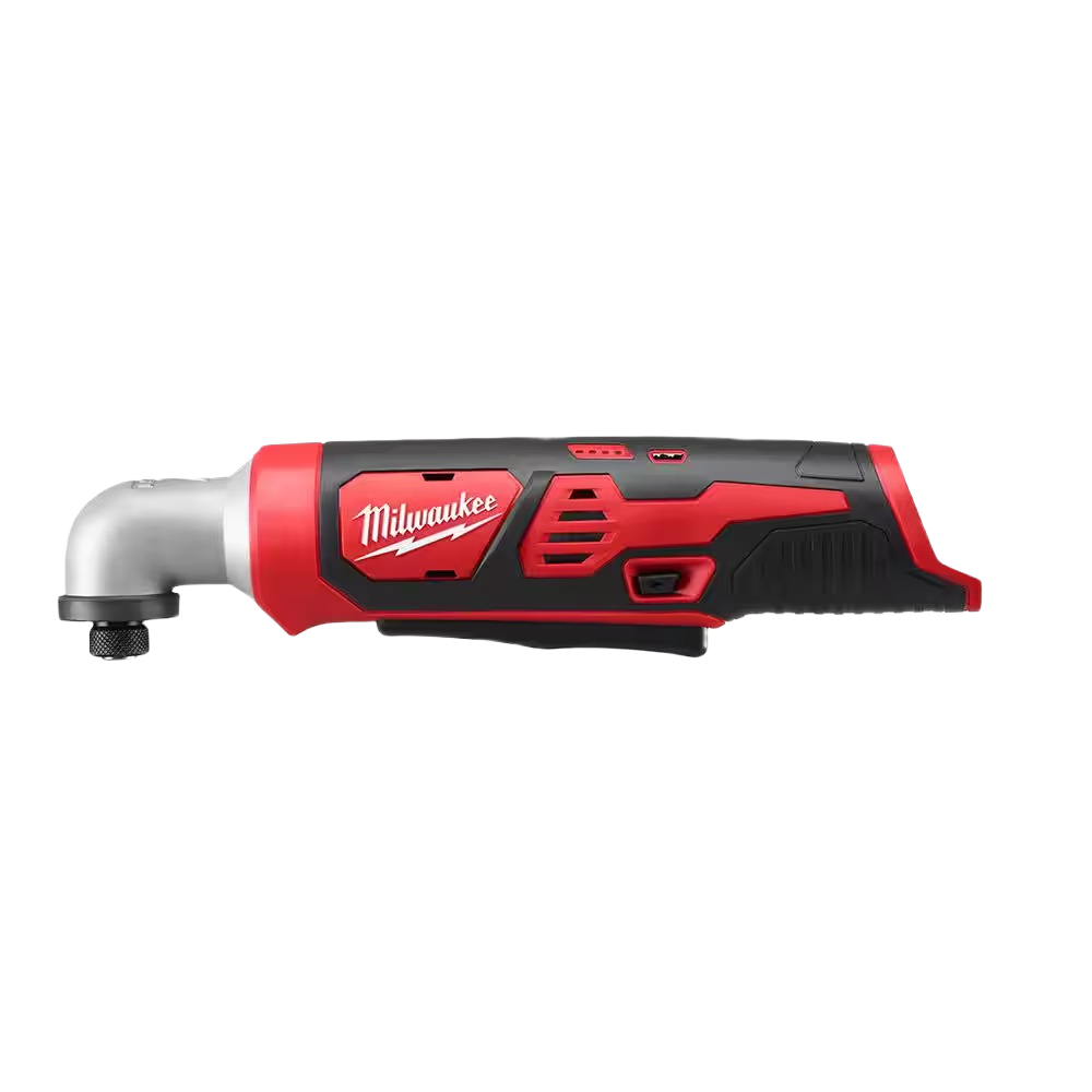 Red and black cordless right angle impact driver with textured grip and metal hex chuck for compact tool use