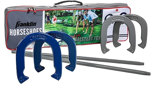 Set of blue and gray metal horseshoes with metal stakes and a carrying case for backyard games and outdoor fun