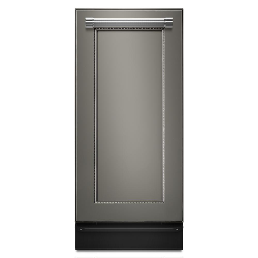 Built-in trash compactor with panel-ready design and stainless steel handle in kitchen appliances and home improvement collection