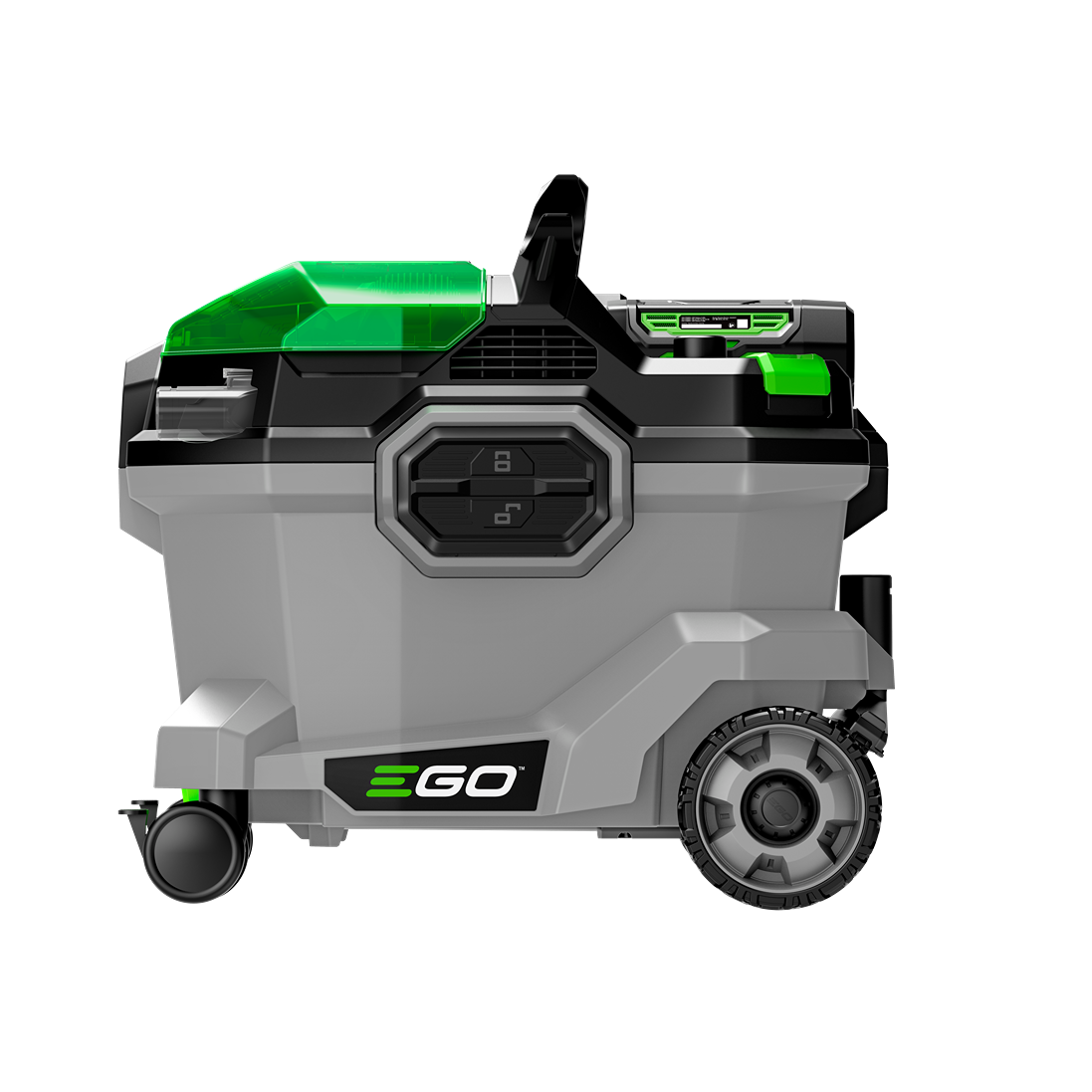 Gray and green cordless wet/dry vacuum with 9-gallon capacity, wheels, and battery for tools and home improvement use
