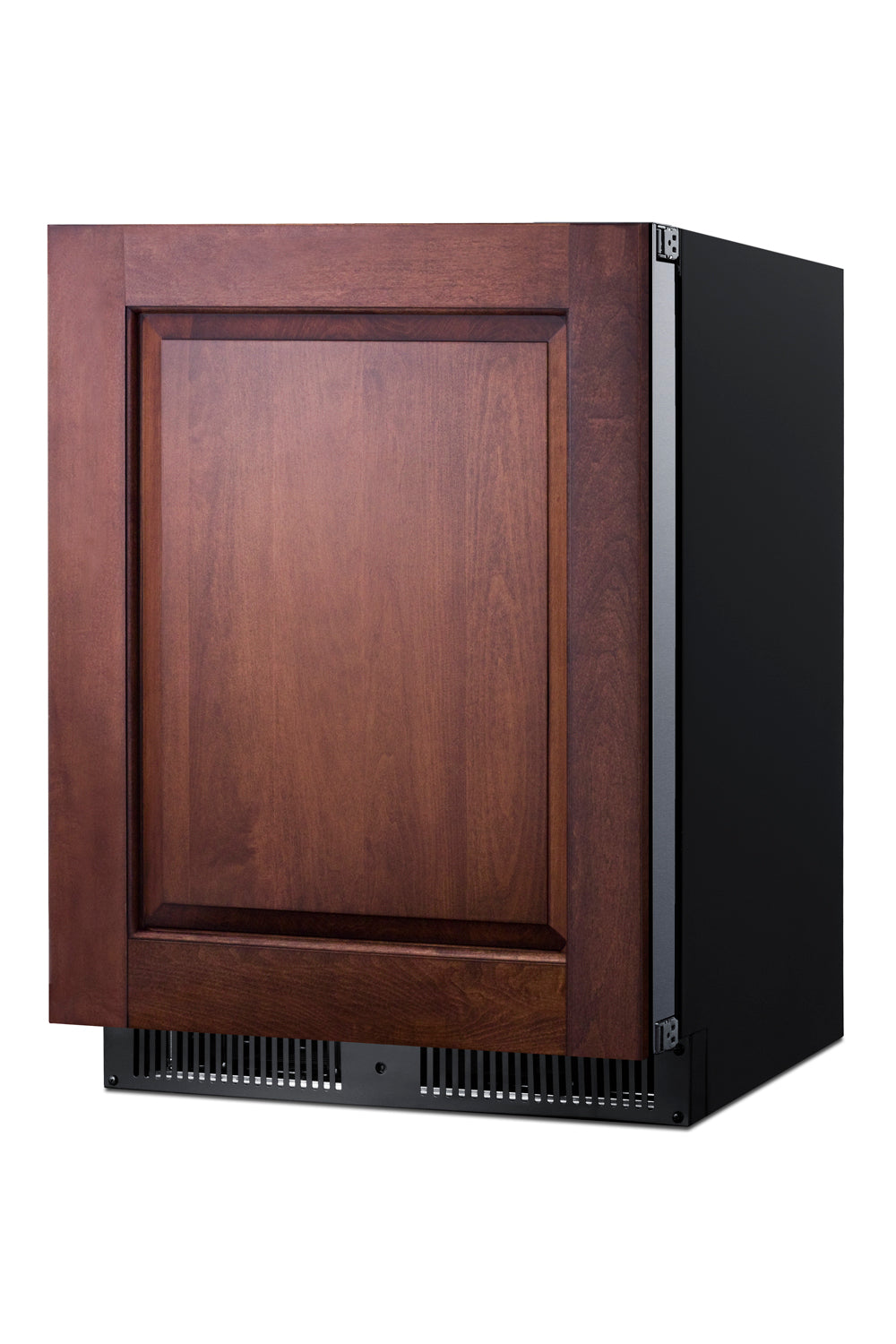 Built-in under-counter freezer with dark wood panel front, designed for ADA compliant kitchen appliance setups.