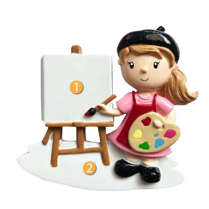 Girl artist figurine ornament with palette and brush beside blank canvas for Christmas tree decoration under $50 collection