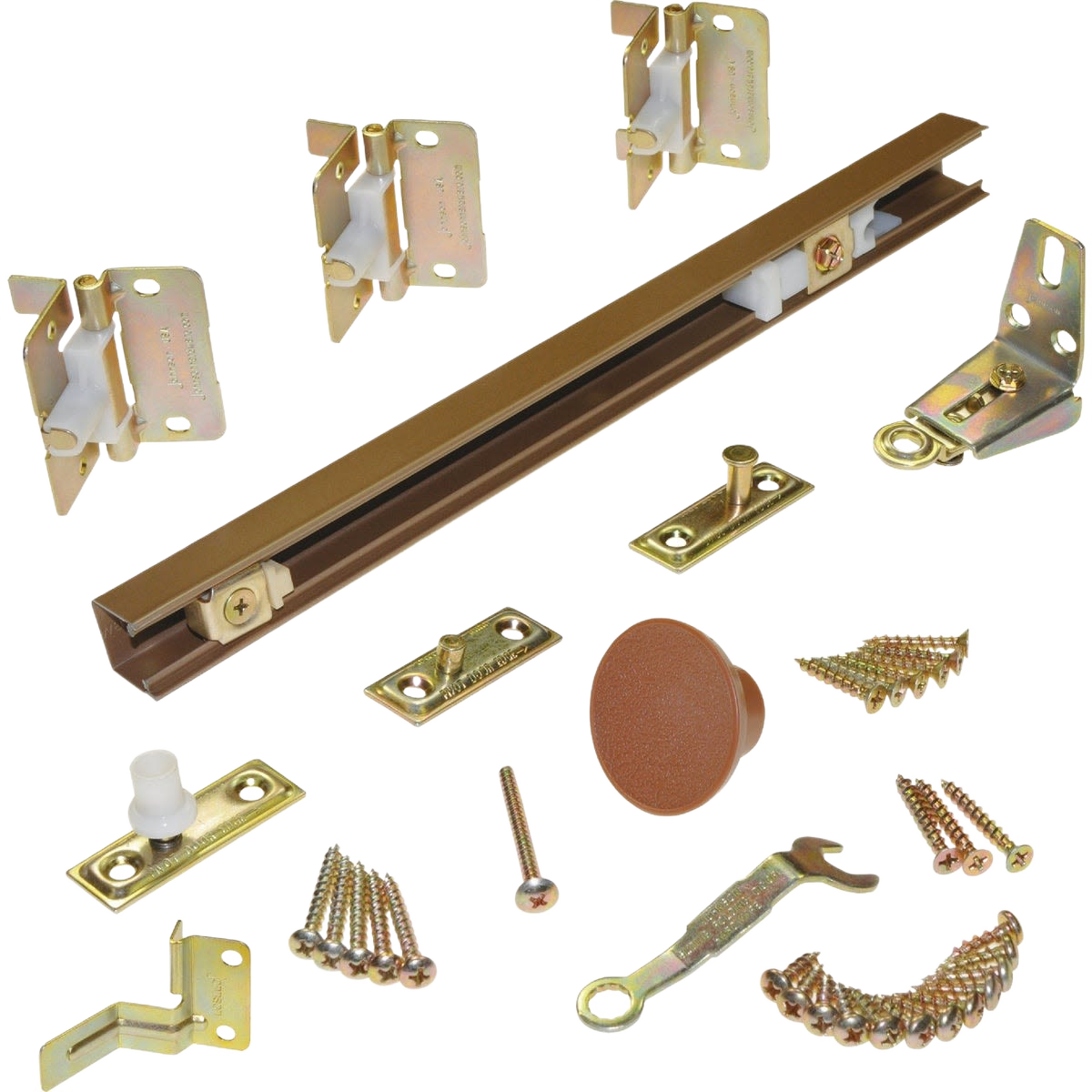 Set of gold-tone folding door hardware components with screws and a brown round knob for door installation under $100 collection