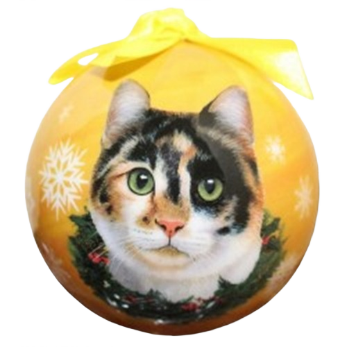 Yellow Christmas ball ornament featuring a detailed calico cat face surrounded by holiday greenery and snowflakes