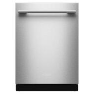 Front view of a stainless steel top control dishwasher with towel bar handle for kitchenware and home improvement