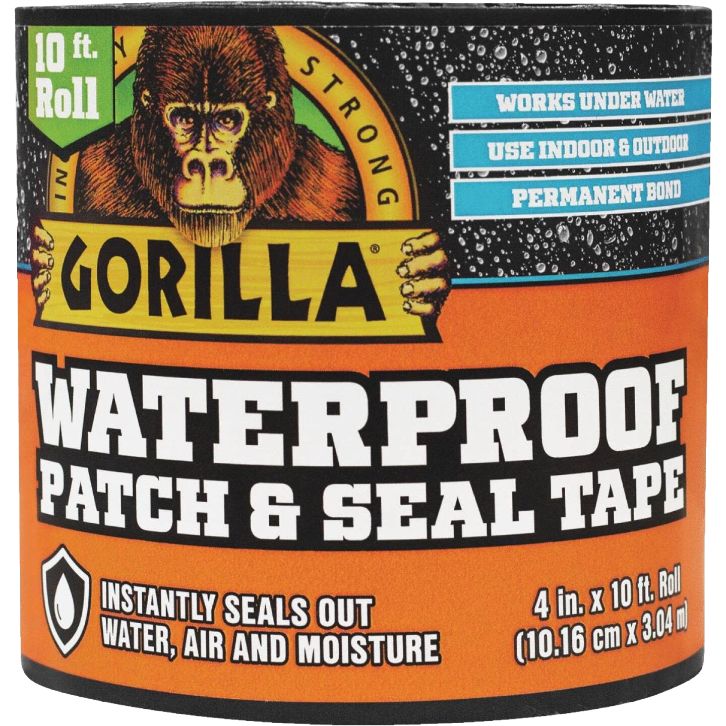 Roll of black waterproof patch and seal tape with bold Gorilla brand label and product features on orange packaging