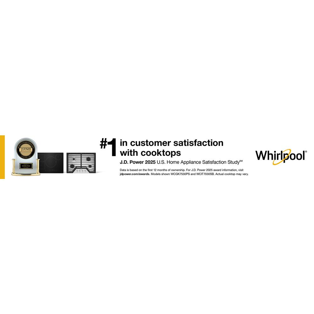 Whirlpool #1 ranking badge for customer satisfaction with cooktops featuring multiple cooktop models and branding text