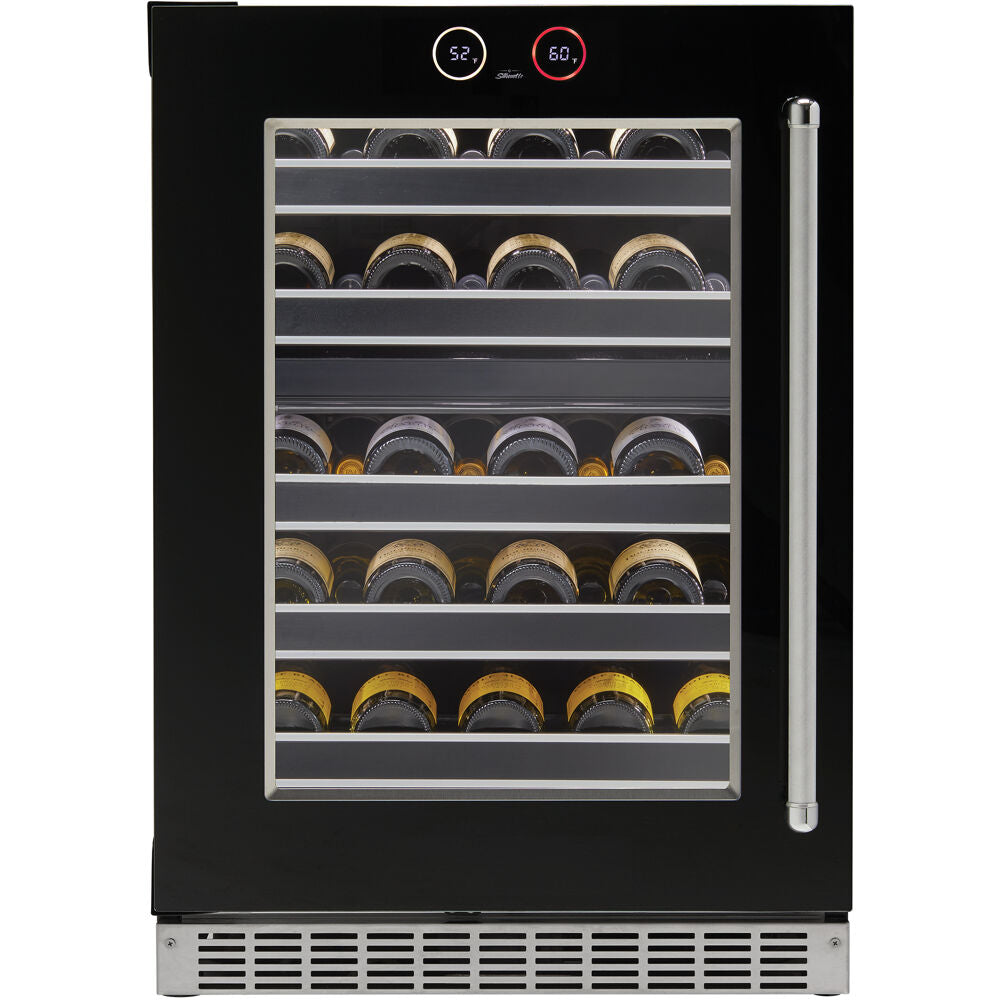 Under-counter black wine cellar with glass door, metal shelves, and dual temperature controls in appliances collection