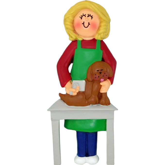 Blonde female dog groomer figurine with brown dog on grooming table in Christmas Ornaments & Tree Decorations collection