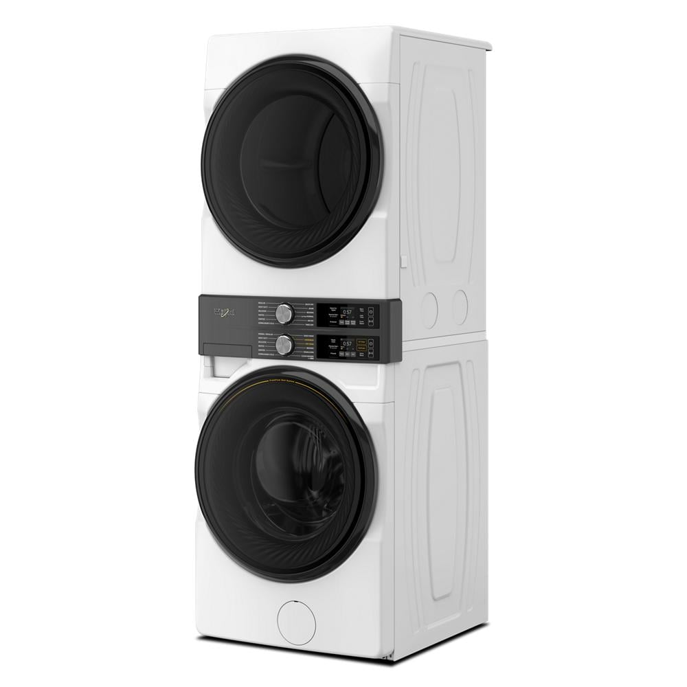White stacked front load laundry tower with digital controls and round black doors, part of appliance laundry centers and washer/dryer combos.