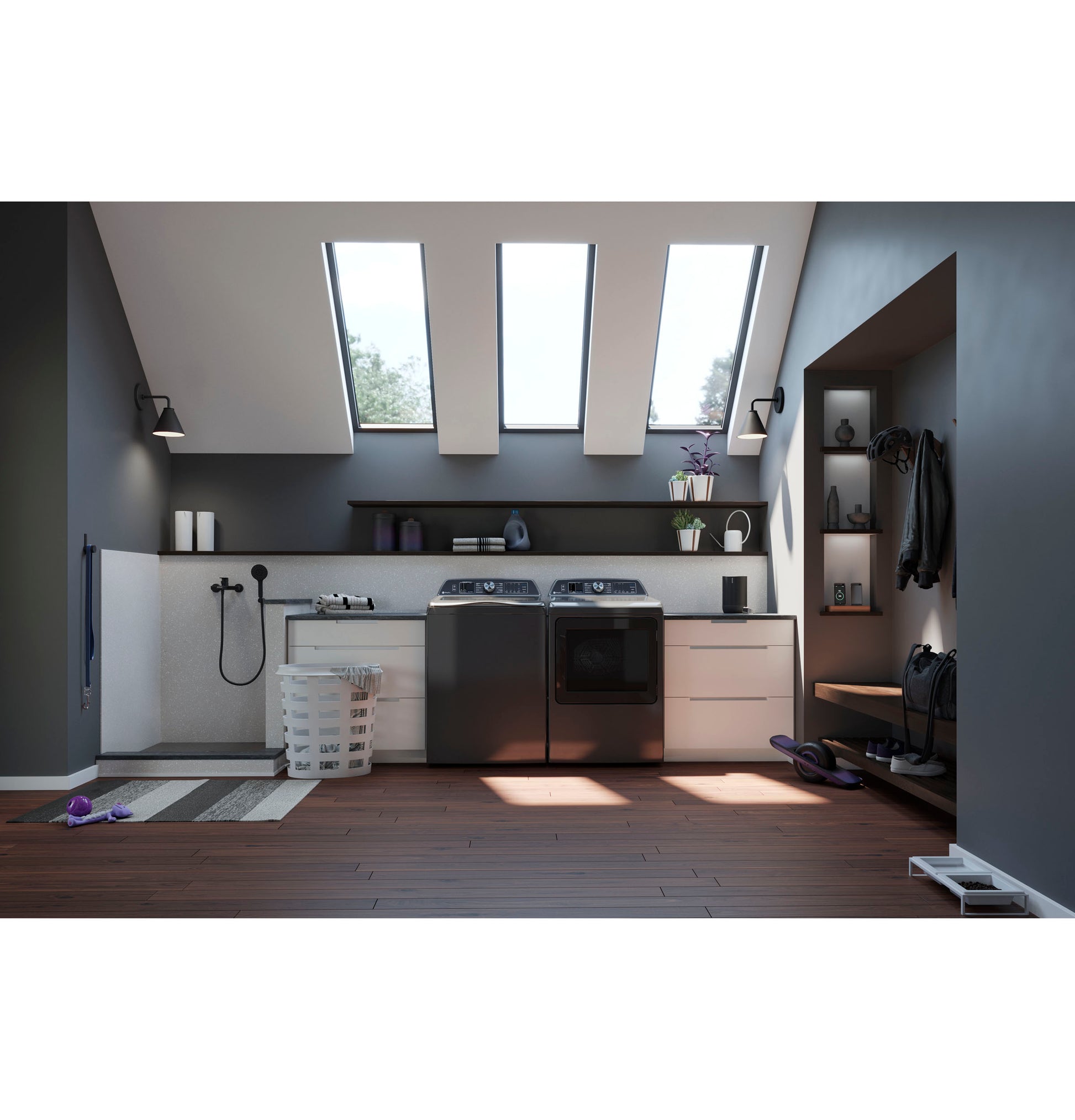 Modern laundry room featuring dark smart electric dryer and washer with aluminized alloy drum in bright space from Dryers collection