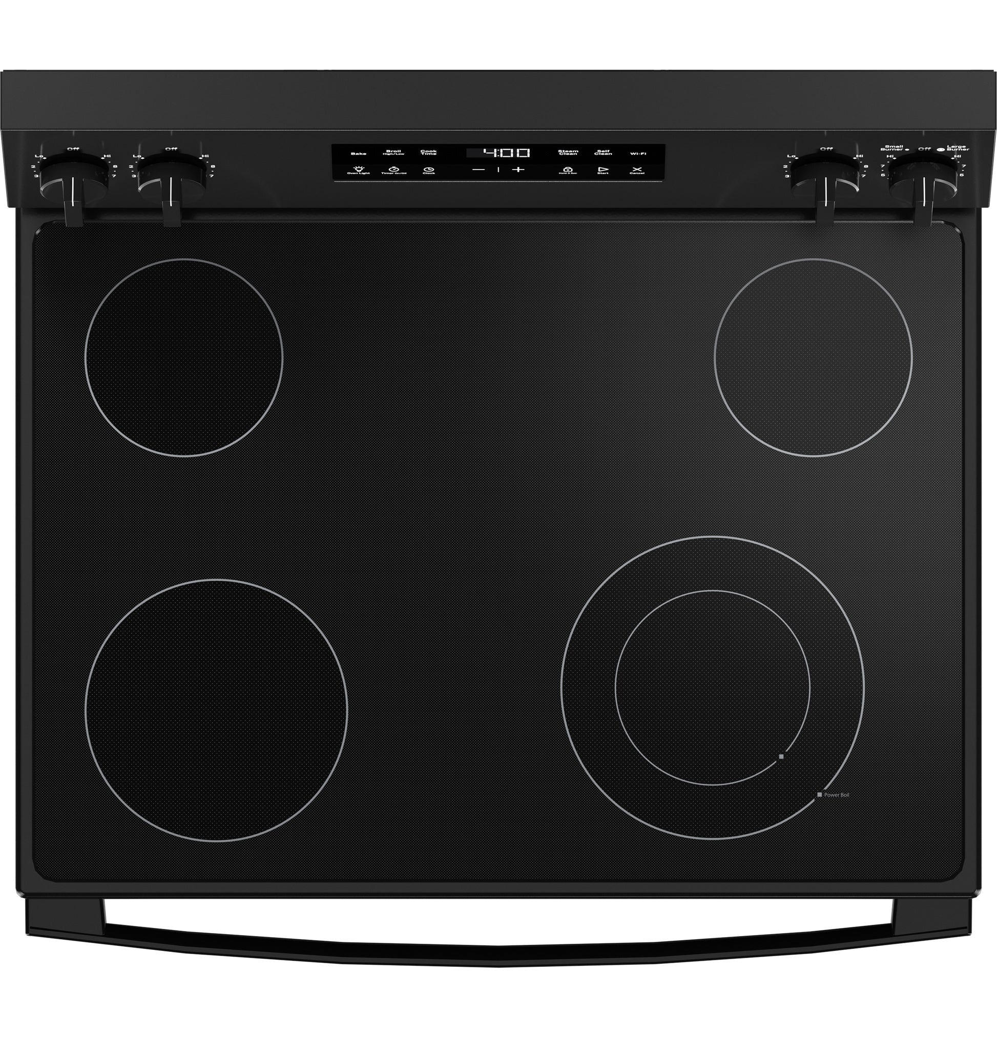 Top view of black electric range with smooth glass cooktop, four burners, and digital control panel from Ranges & Cooktops collection
